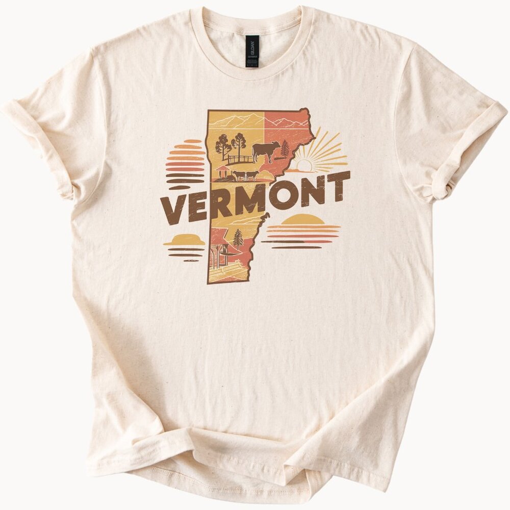 Vermont State Outline Graphic T Shirt Retro Mountain Cow Farm Nature Tee